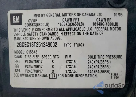 2005 Chevrolet Silverado C1500 z USA, uszkodzony, nr VIN 2GCEC13T251249002